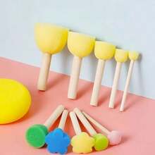 4支装圆形蘑菇海绵刷套装 - 柔软可水洗，易握木柄，适用于学前手工、幼儿园绘画、儿童印章及亲子DIY艺术礼品 - 黃色 - 查看 6
