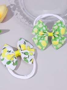 2 件女孩蝴蝶结装饰发带，柠檬/花朵/卡通水豚印花蝴蝶结，弹性发带，可爱清新配饰，适合春季/夏季/上学日/趣味郊游