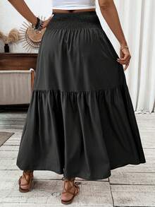 Plus Size Women Casual Solid Color Long Skirt Spring - Pure Black - View 4