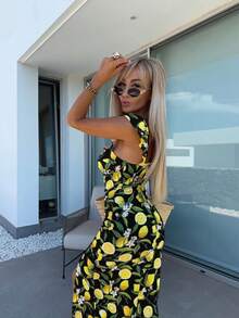 1 Piece All-Over Floral Print Boho Elegant Woven High Slit Dress, Everyday Summer Wear - Black - View 3