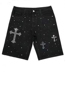 男士街头风格音乐节水钻口袋休闲牛仔短裤，Emo 风格