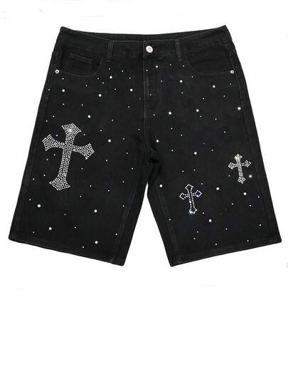 男士街头风格音乐节水钻口袋休闲牛仔短裤，Emo 风格