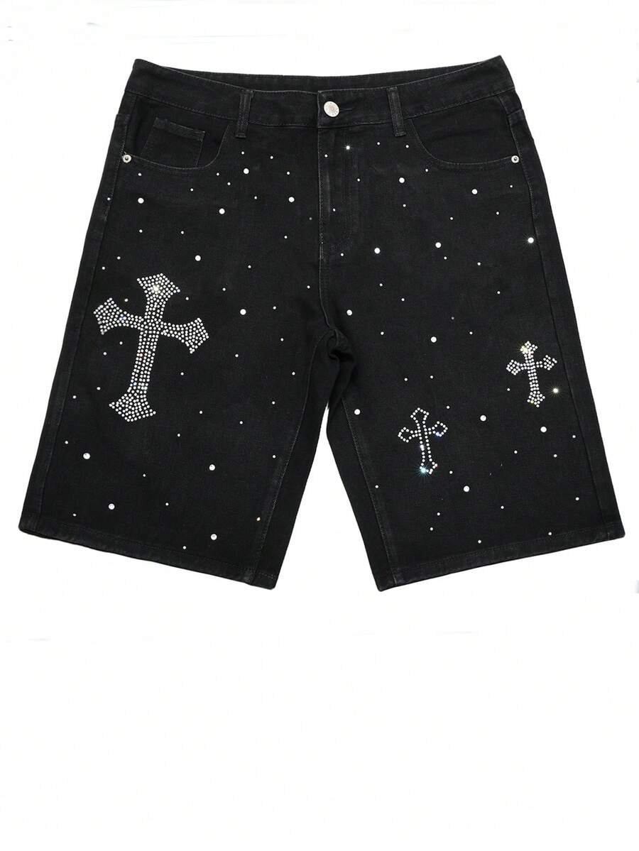 男士街头风格音乐节水钻口袋休闲牛仔短裤，Emo 风格
