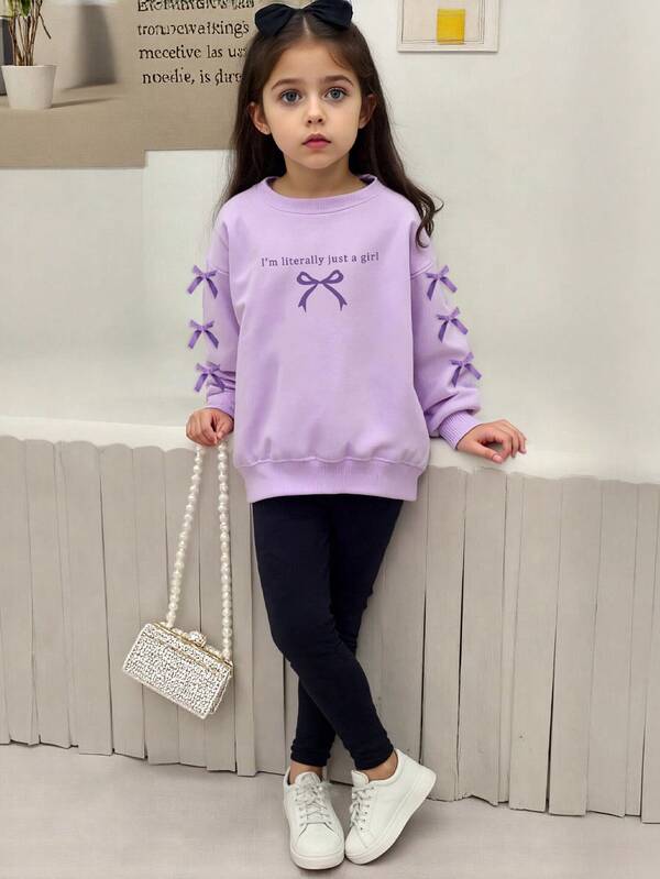 مجموعة مكونة من 2 قطعة لفتيات الخريف، بلوزة رياضية بفيونكة بنفسجية وليجنز أسود، طباعة حرفية ملابس كاجوال حلوة