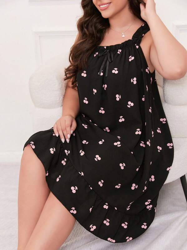 Cherry Print Plus Size Women's Casual Chiffon Sleeveless Midi Dress With Bow And Ruffle Hem, Suitable For All Season