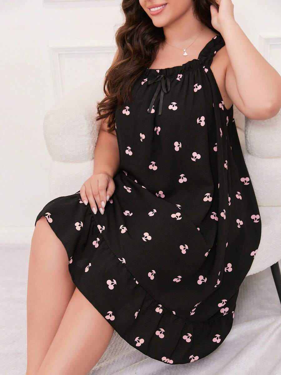 Gaun Midi Tanpa Lengan Kasual Wanita Ukuran Plus Motif Ceri Bahan Chiffon dengan Pita dan Hem Bergelombang, Cocok untuk Semua Musim, Moo Moo - Hitam - View 1