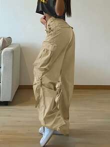 Y2K Street Flap Pocket Tape Detail Loose Casual Wear Wide Leg Parachute Cargo Pants - 卡其色 - 查看 2