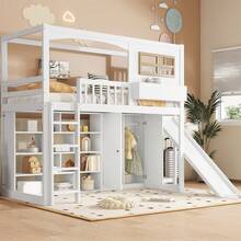 Sairedel Bunk Bed, Children's Bed, With Gate, With Children's Slide And Wardrobe, Ample Storage Space, With Four-Step Ladder, Pine+MDF+Plywood, White, 90x200cm