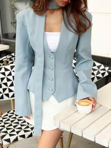 Women's Solid V-Neck Scarf Decor Button Front Casual Blazer Jacket, Long Sleeve, Office Wear, Spring/Autumn - Blue - View 3