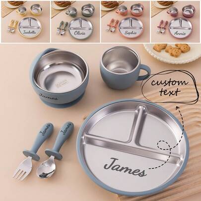 5PCS Personalized Customization Name Children Suction Base Plate Suction Base Bowl Cup Spoon Fork Sets Stainless Steel Silicone Tableware For Children First Stage Utensils Training Self Feeding Cutlery Print On Demand Children Essentials,Multi-Functional,Ornamental,Letter,Stylish,Modern,Colorful,Cute,Adorable,Casual,Custom,Personalised,Unique,Customized,Ideal Gifts For Him,Ideal Gifts For Her,Customized Kids Tableware,Christmas Gift Supplies ,Travel Organizer