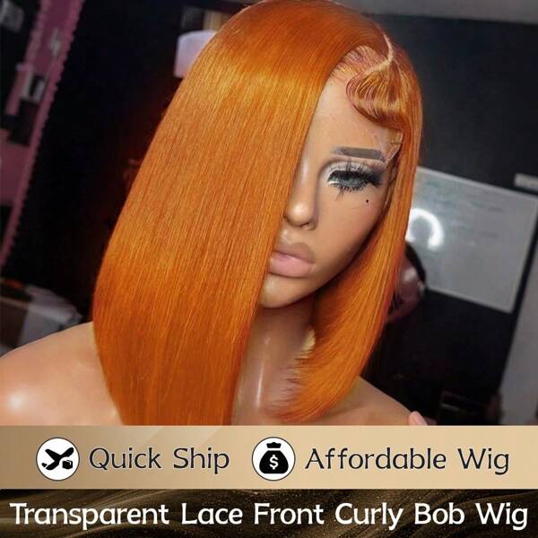 Perruque droite au carré PQL HAIR 200% de densité, couleur orange gingembre, cheveux humains, frontale en dentelle HD 13x4, perruque en cheveux humains sans colle pour femmes, perruque en dentelle frontale en cheveux humains brésiliens raides comme des os, mélange de cheveux naturels noirs