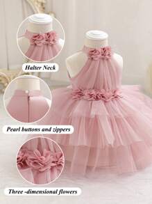 Baby Girls' Elegant Fuchsia Sleeveless Floral 3D Mesh Princess Dress, Adorable Party Gown Suitable For Girl's 1st Birthday, Wedding, Banquet, Holiday, Festival Celebration