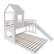 Sairedel Bunk Bed With Slide, House Bed, Children's Bed, With Gate, With Window And Roof, With Three-Step Ladder, Pine + MDF, White, 90x200cm & 140x200cm - 白色 - 查看 10