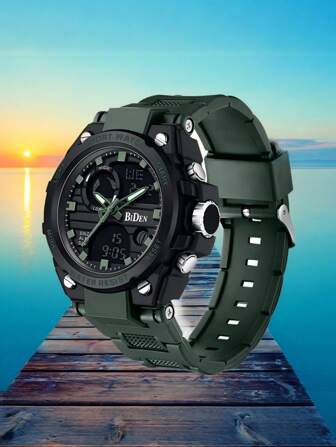  BIDEN 男士学生多功能运动手表，秒表，计时器，报时，防水，液晶男士户外防水双显夜灯手表