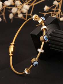1pc 18K Gold-Plated Stainless Steel Vintage Devil's Eye Bracelet With Inlaid Cubic Zirconia Stone, Fashion Versatile Personalized Accessory, Suitable For Women Daily Party Wear, Gift For Girlfriend Or Best Friend