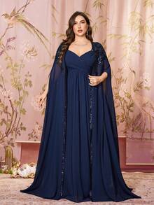 Váy Maxi Chiffon Thanh Lịch Có Eo Xếp Ly, Thiết Kế Hoa Thêu, Cổ Khăn Choàng Không Tay, Trang Trí Đính Hạt - Màu xanh hải quân - Xem 6