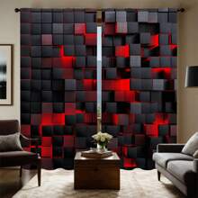 2pcs Semi-Blackout Curtains With Grommet Top - Modern Geometric Red & Black Print, 100% Polyester Peach Light Beige Fabric, Machine Washable For Bedroom, Living Room, Office, Kitchen - All-Season Home Decor, Living Room Curtains, Privacy Window, Contemporary Window Style, Soft Texture Fabric