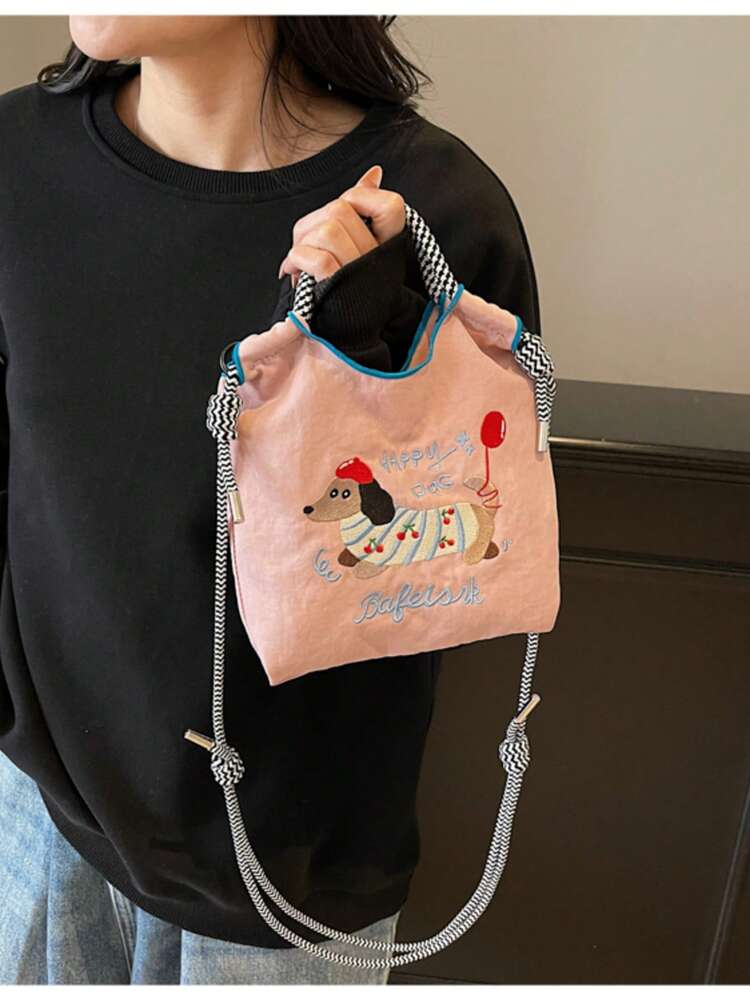 Cute Embroidered Canvas Bucket Shoulder Crossbody Bag, Waterproof Nylon Fashion Handbag, Dog Embroidery Design, Removable Strap, Women Tote - Multicolor - View 12