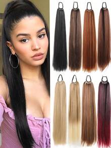 24英寸长直发合成纤维马尾假发,多功能弹力带,优雅黑色假发,天然柔软纤维,适合各种肤色 - 彩色 - 查看 3