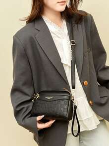 复古荔枝压纹斜挎包，复古 PU 皮革单肩包，女士百搭手提包和钱包 - 黑色 - 查看 2