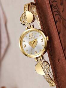 Women's Fashion Minimalist Round Heart Pattern Mixed Scale Diamond-Set Heart Quartz Watch 1pc/Set - Rose Gold - View 5