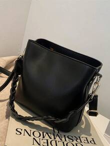 1 bolsa balde minimalista com zíper, estilo vintage, lisa, para ombro/transversal/portátil, adequada para uso diário - Preto - Ver 3