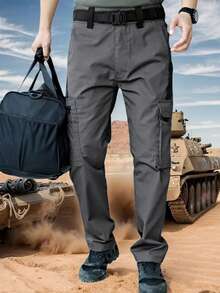 2Pcs Men's Solid & Camo Print Pockets Zipper Waterproof Tactical Cargo Pants Without Belt, Regular Fit Sporty Pockets Durability Trousers For Fall, Wear-Resistant Outdoor Training Pant For Men - 灰色+綠色 - 查看 2