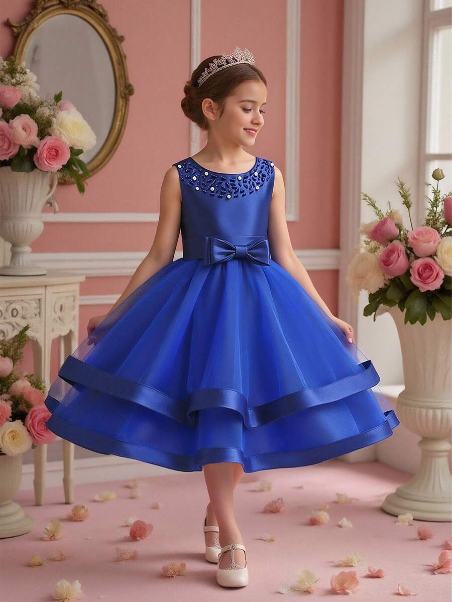 Young Girls' Solid Color Bow Tulle Satin Sleeveless Puffy Skirt, Elegant Formal Dress Suitable For Banquet And Party, Excluding Headband - Blue - View 1