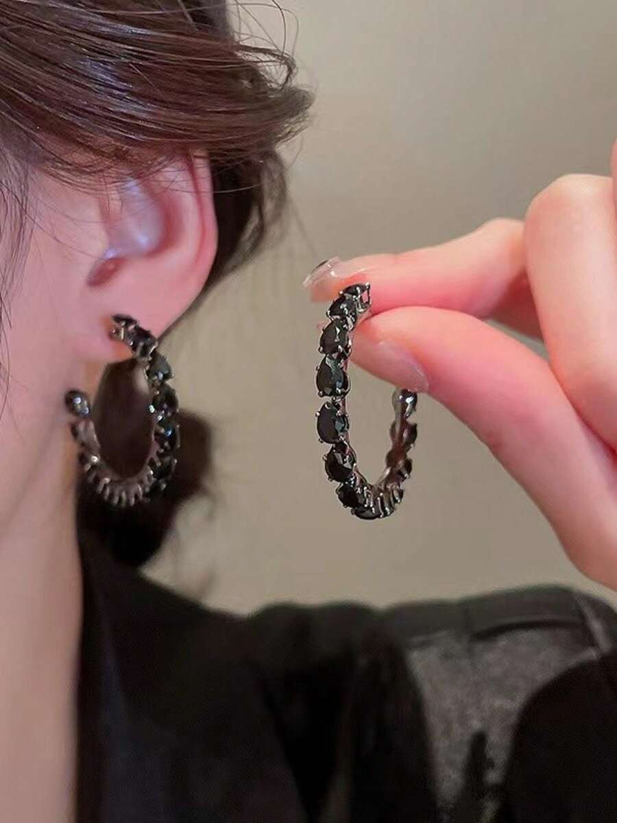 镶嵌黑色锆石耳环，时尚百搭耳环，超闪亮个性耳饰 - 黑色 - 查看 1