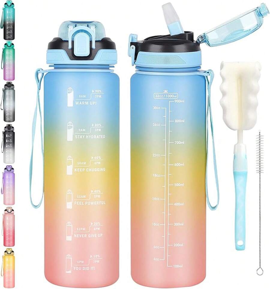 1L Bottle With Straw,Bottle Dishwasher ,Leak-Proof Sports Drinks Bottle With Maker & Bottle Brush,Running,Cycling, Gym, School & Office,Black - 藍色漸變 - 查看 1