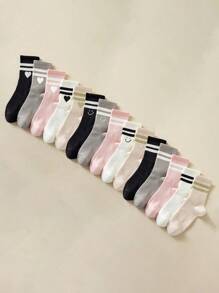 5 双女式纯色条纹图案时尚袜子，柔软舒适透气休闲中筒袜，适合日常穿着