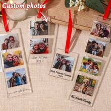 1PC Custom Acrylic Photo Ornament - Can Hold 1-3 Photos And Add Text, Transparent Rectangular Design With Red Ribbon, Suitable For Christmas Tree Decoration, Family Photo Commemoration, Best Friend Gift, Pet Commemoration Or Anniversary Holiday Gift