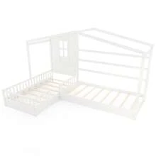 L-Shaped Double Twin Beds House Platform Beds W/ Window & Fences Ray - White - View 10