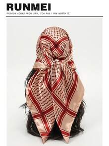 1 件轻质沙漠阿拉伯头巾，户外露营颈巾缎面 90x90 厘米方形围巾，适合夏季海滩、户外 - 紅色 - 查看 1