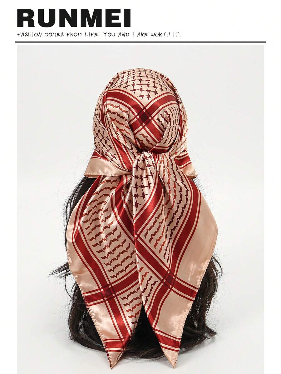 1 件轻质沙漠阿拉伯头巾，户外露营颈巾缎面 90x90 厘米方形围巾，适合夏季海滩、户外 - 紅色 - 查看 1