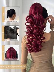 20 Inch Burgundy Water Wave Curly Ponytail Hair Extension, Soft & Natural, Synthetic Hair, For Women - Burgundy - View 4