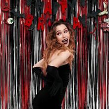 4PCS Black Red Foil Fringe Tinsel Backdrop Kit - 3.3x6.6ft Halloween Casino Theme Party Decorations For Photo Booth, Wedding, Birthday, Christmas, New Year's Eve, Bachelorette, Anniversary, Retirement Party Supplies, Door Wall Decor Indoor Outdoor, Black Red Party Supplies - Multicolor - View 4