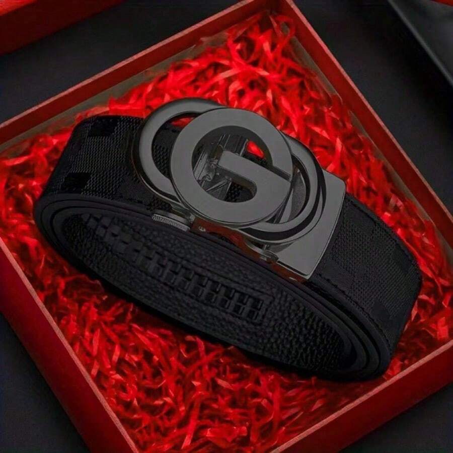 Stylish Metal Buckle Belt For Men And Women - Fashionable Daily Decoration Jeans Belt With Fully Automatic Letter Buckle - Perfect Accessory For Business And Casual Occasions - 黑色 - 查看 1