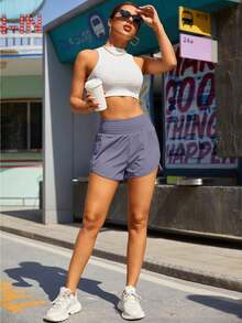 Women'S Athletic Running Shorts, Workout Gym, Elastic Waist Quick Dry Sports Shorts, High Waisted Yoga Workout Shorts With Mesh Liner Zipper Pockets - 淡紫色 - 查看 5