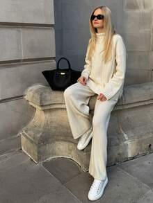 Senya Women's Autumn And Winter New Solid Color Vertical Stripe Pit Pattern High Neck Knitted Jumper With Pants Two Pieces Set, Loose Casual Daily Commuting, Graduation , Back To School Career Set