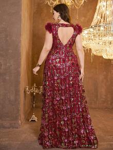 SUPGIR Plus Women's [Random Print] Sweetheart Neckline Backless Slim-Fitting Sequin Patchwork Slit Evening Dress - Burgundy - View 2