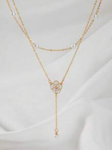 A Double Layered Pearl And Flower Y-Shaped Necklace For Women
