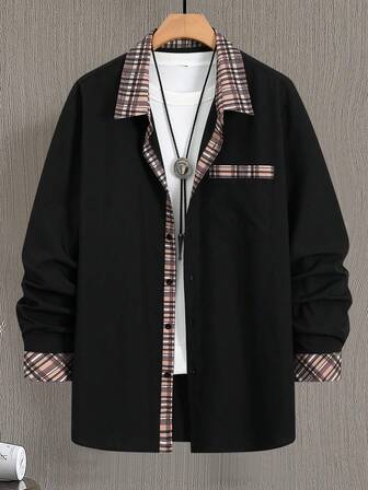 男士格子拼布单排扣长袖衬衫，休闲商务装