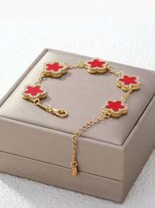 1 pulseira feminina elegante com trevo vermelho incrustado, adequada para uso diário (sem embalagem)