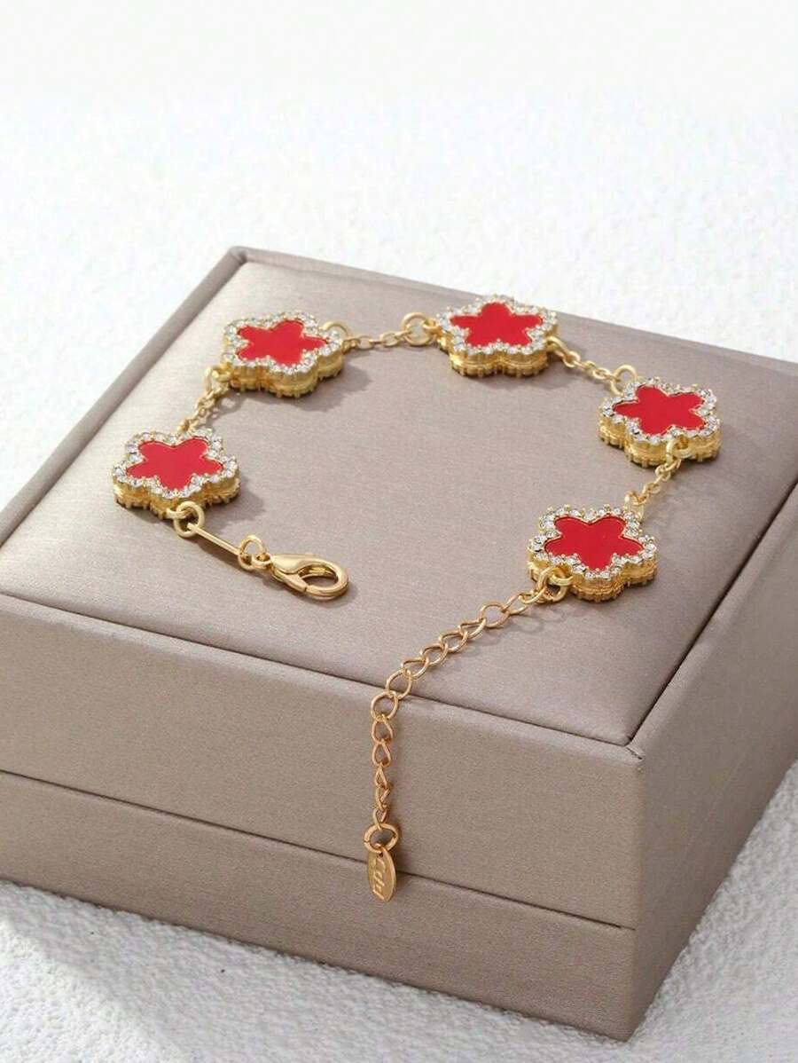 1 pulseira feminina elegante com trevo vermelho incrustado, adequada para uso diário (sem embalagem)