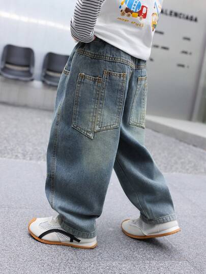 Young Boy Loose Straight Leg Jeans, Suitable For Daily, School, Outdoor Casual Wear, Autumn
