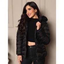 Women's Puffer Jacket Plush Lined With Removable Hood Simple Casual Party - màu đen - Xem 2