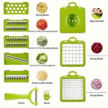 1 套多功能切碎机、带容器的食物切碎机、厨房蔬菜洋葱切碎切片机、土豆切丝器沙拉切碎机不锈钢蔬菜切片机、带可更换刀片的手动食物切碎机、手持式切片机和切片机、带容器的洋葱切片机