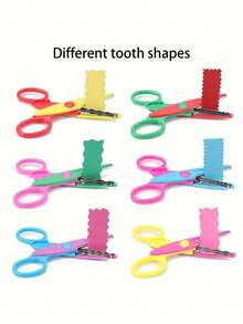 六把装饰剪刀，图案各异，包括花卉和波浪纹设计。非常适合用于学校用品、感恩节、圣诞节、生日礼物、万圣节装饰等。