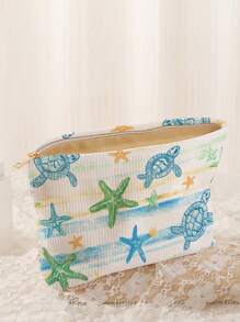 1 pièce Sac cosmétique portable, série marine motif coquillage et étoile de mer impression recto-verso, trousse de maquillage zippée de voyage, organisateur de toilette multifonction